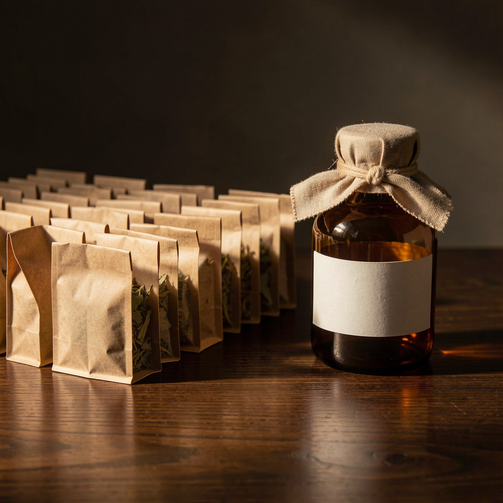 Custom prescription vessel beside rows of identical herb packets