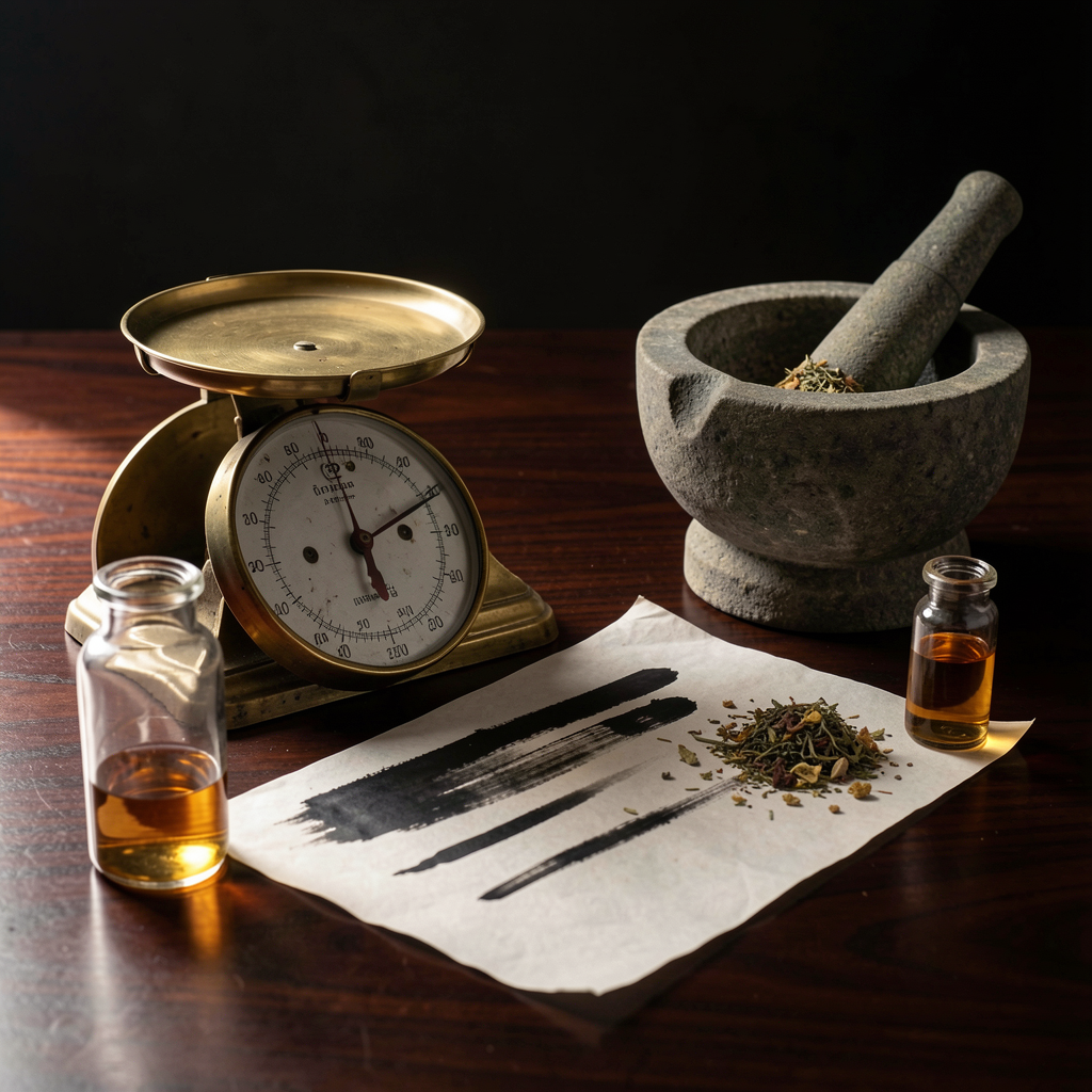 Brass balance scale and apothecary vessels — consultation preparation