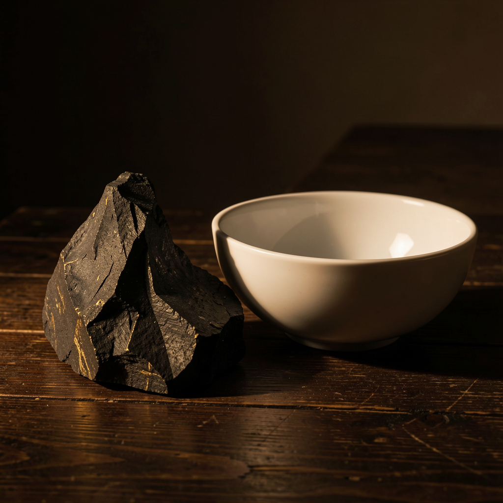 Dark stone and white ceramic — the dialectic
