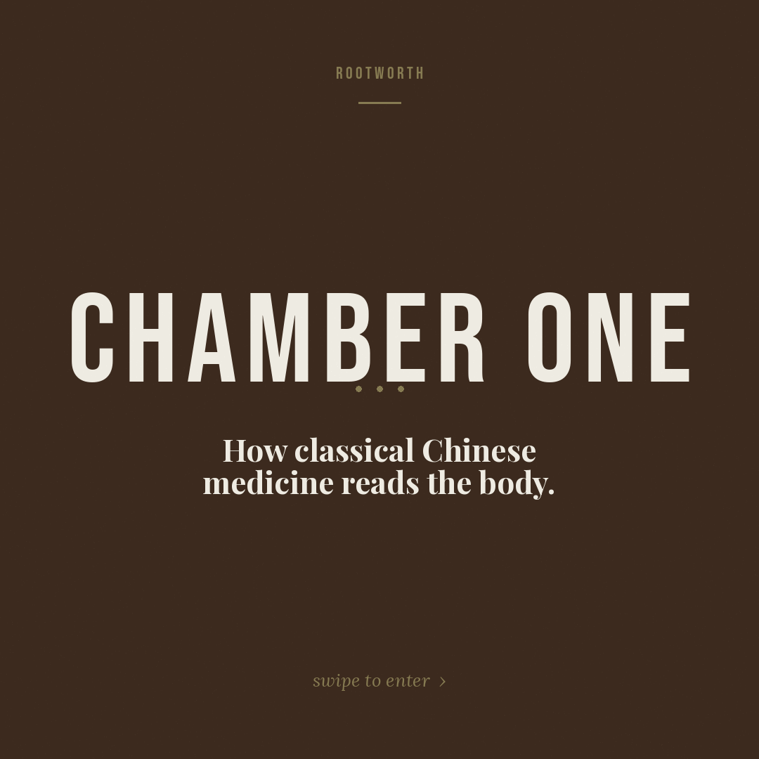 Chamber One cover — Rootworth wordmark in brass on dark bark background, with the chamber title in Playfair Display.