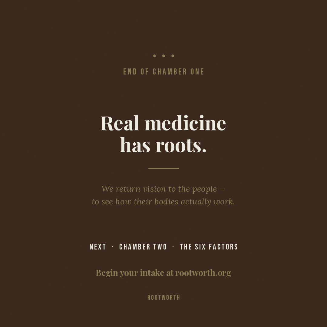 Closing slide — End of Chamber One. Real medicine has roots.