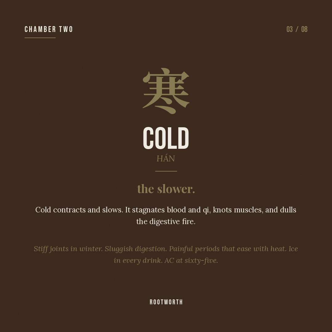 Cold (寒) — contracts, slows, hides.