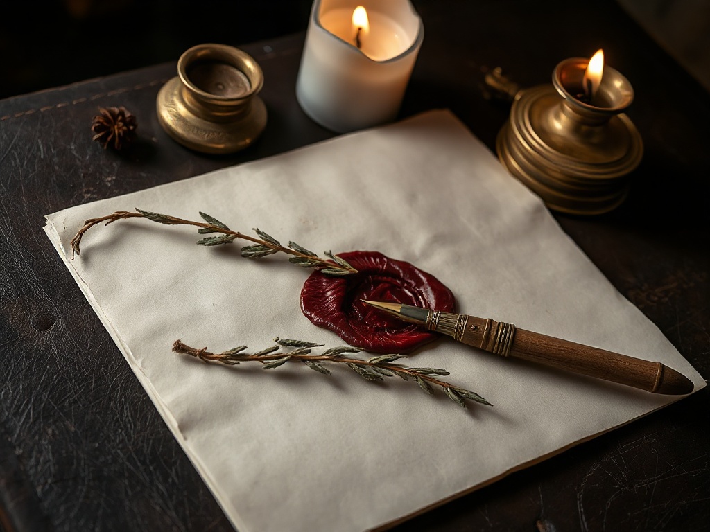 Folded cream correspondence on dark leather surface, botanical wax seal in deep oxblood, small brass inkwell and quill pen, dried herb sprig resting across the letter, warm candlelight