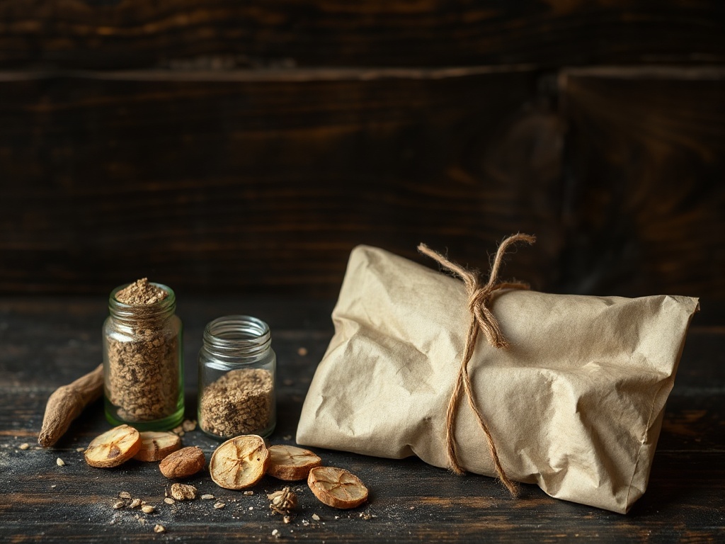 Small kraft parcel tied with natural twine on dark aged wood, beside an amber glass vial of granulated herb powder and dried astragalus root, warm natural window light