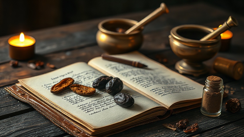 Apothecary journal open with handwritten diagnostic notes, dried Chinese medicinal herbs and glass vials arranged around it, warm amber candlelight on aged dark oak surface
