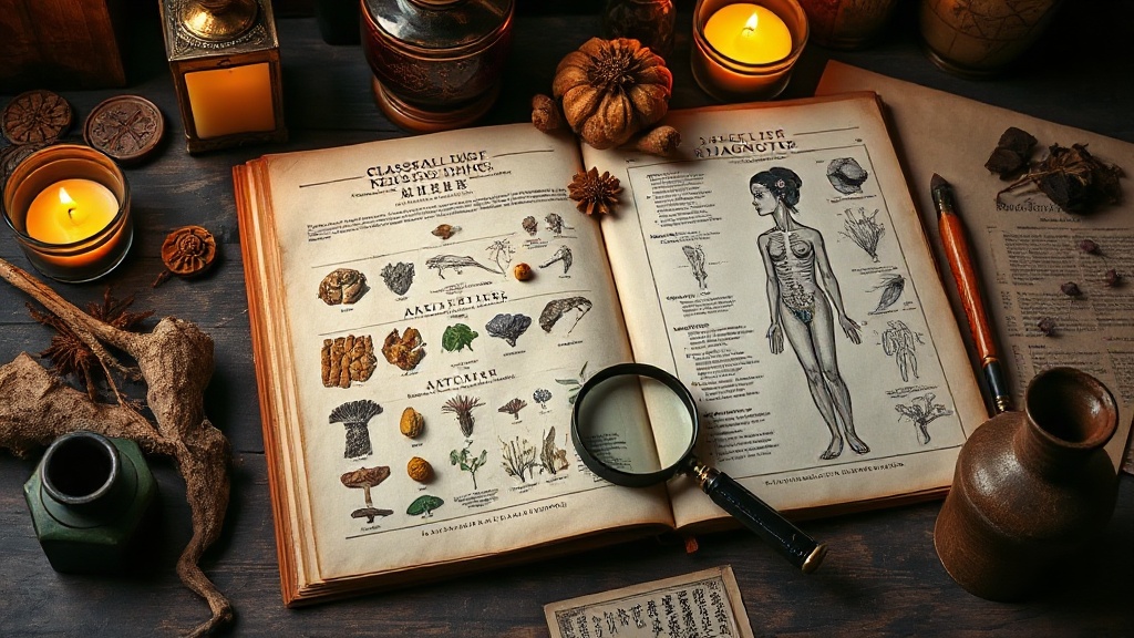 Classical botanical diagnostic diagram on aged parchment, dried herb specimens pressed beside anatomical sketches, magnifying glass resting on open page, warm candlelight