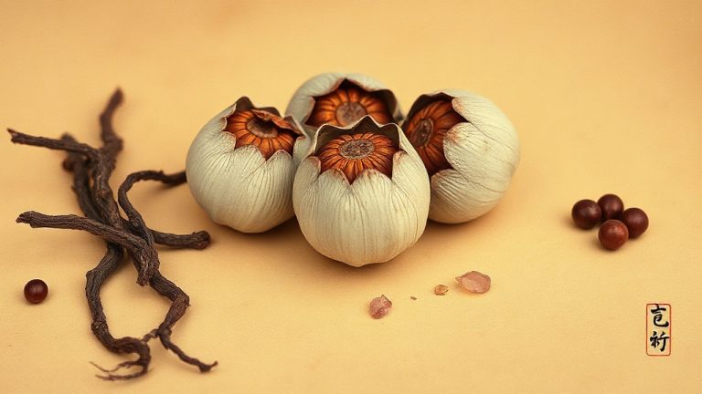 Dried lotus seedpods, He Shou Wu roots, and Gou Qi Zi berries on aged parchment — classical Chinese materia medica