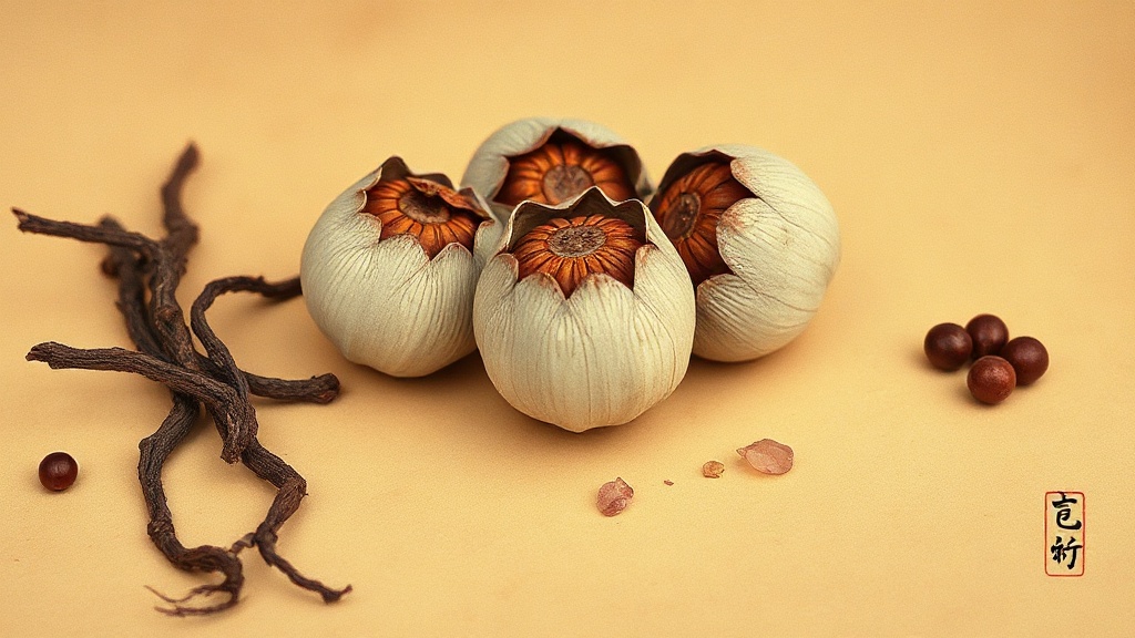 Dried lotus seedpods, He Shou Wu roots, and Gou Qi Zi berries on aged parchment — classical Chinese materia medica