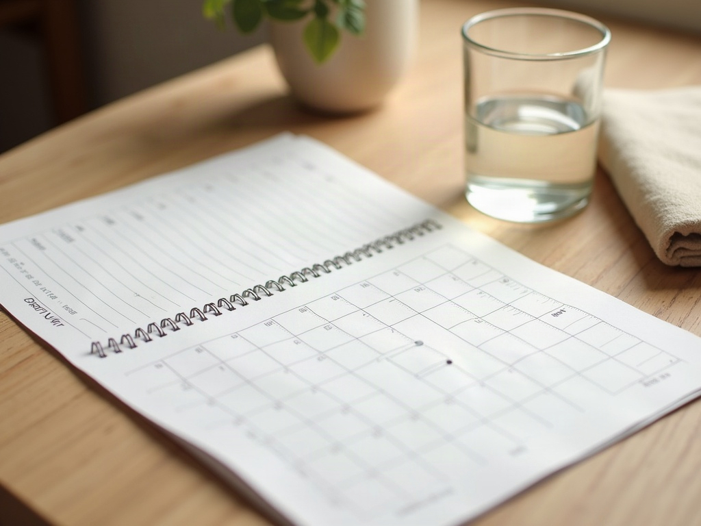 a calm flat-lay of a simple paper cycle-tracking calendar beside a glass of water and a folded intake questionnaire on a