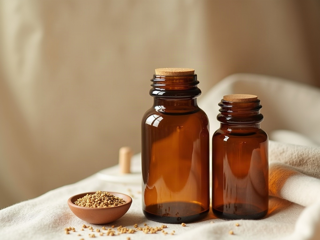 amber glass jars of herbal granule powder and a small wooden measuring spoon arranged on plain linen, no branding visibl