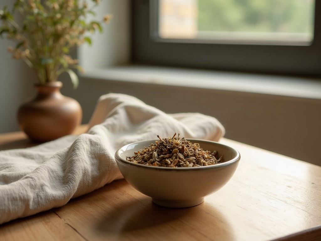 A wooden tray holding neatly arranged herbal granule sachets and a small glass jar of loose granules, soft natural windo