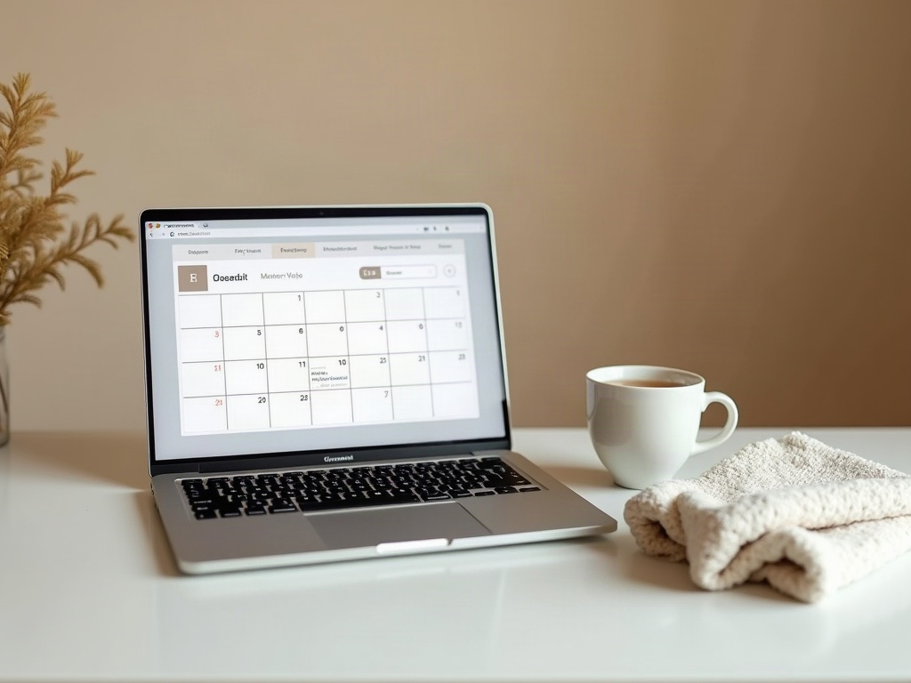 A laptop open to a calendar view beside a cup of tea and a folded soft cloth on a plain desk, calm and uncluttered, no p