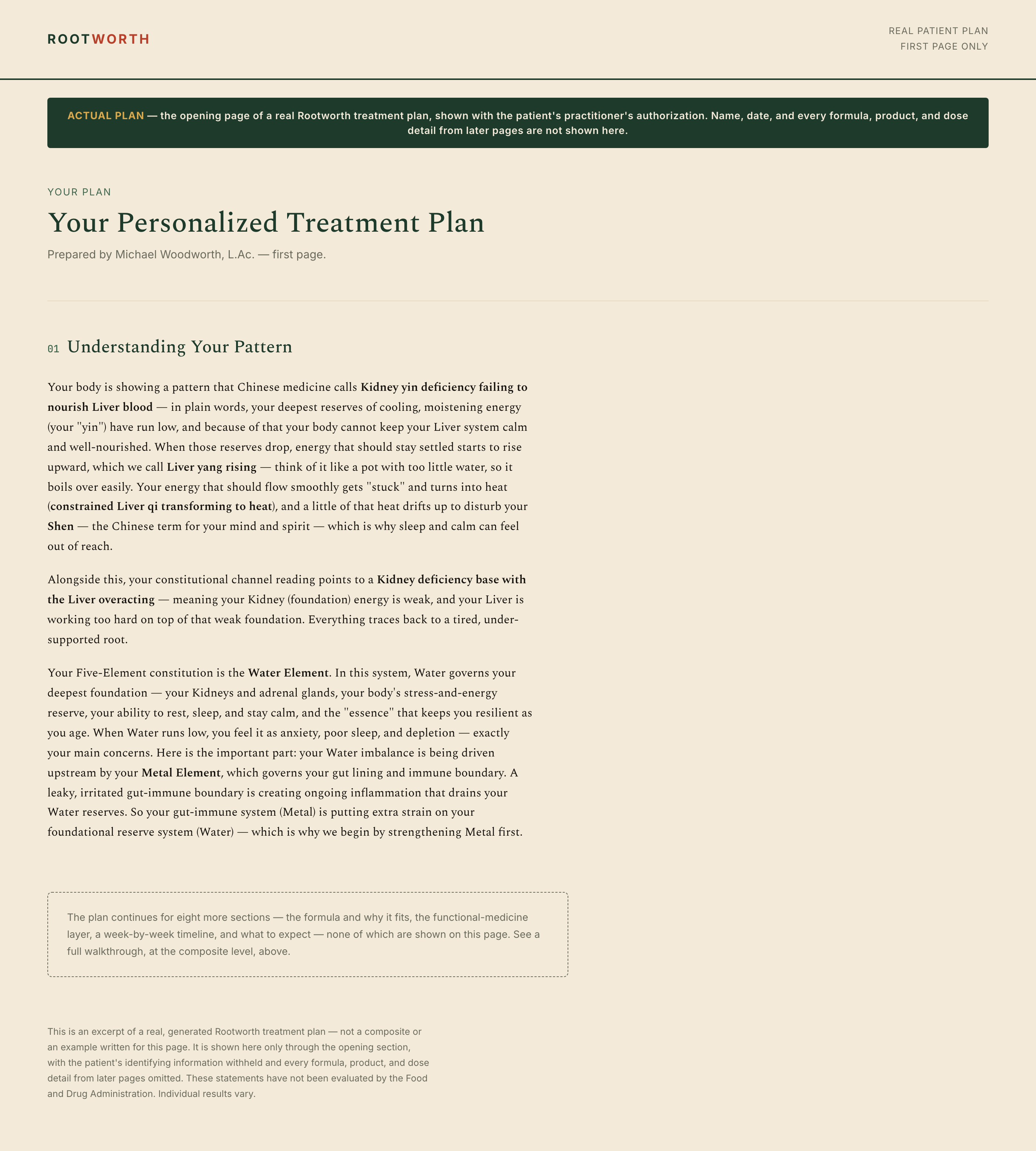 The actual opening page of a real Rootworth treatment plan, section titled Understanding Your Pattern, describing a Kidney yin deficiency with Liver yang rising pattern and a Water constitution driven upstream by Metal. Name and date withheld.