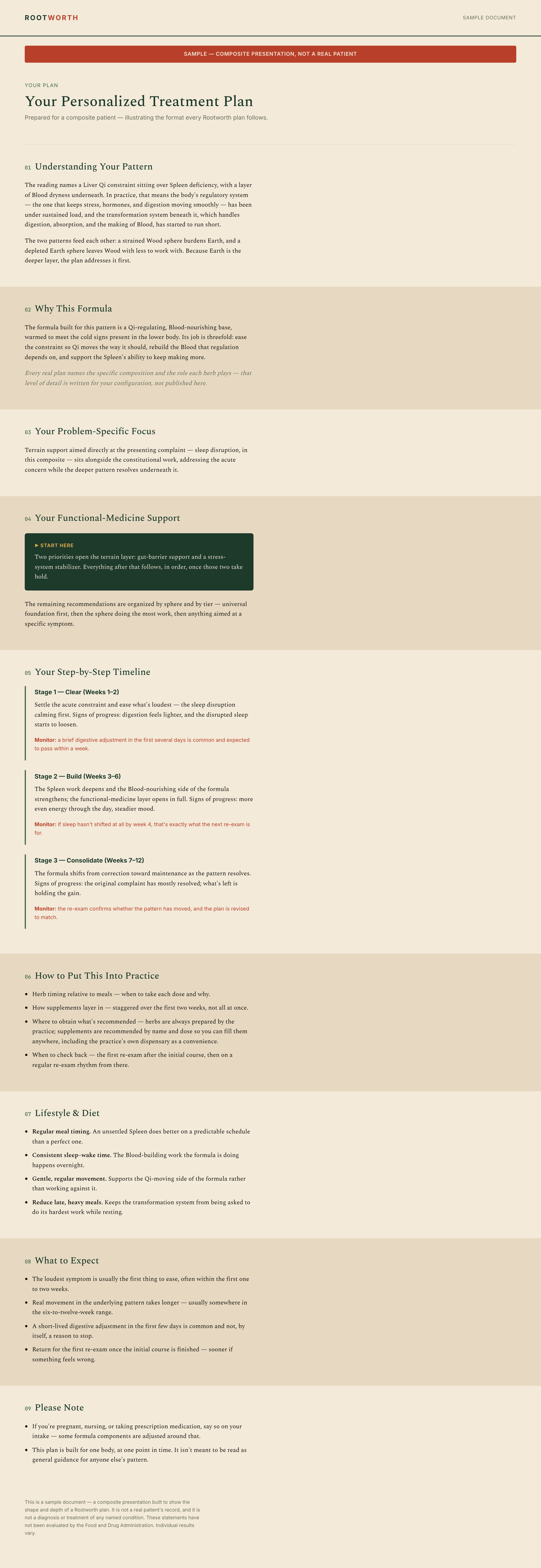 Sample treatment plan document, titled Your Personalized Treatment Plan, showing nine numbered sections from Understanding Your Pattern through Please Note. The full text of every section is reproduced below the image.